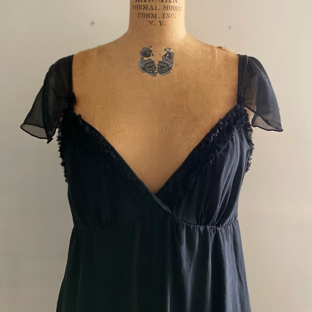 Gold Hawk] Black Silk Ruffles Babydoll Cami Mini Dress - Picture 2 of 13